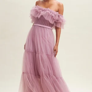 Vestido Largo Tul medio hombro Falda Capas mauve